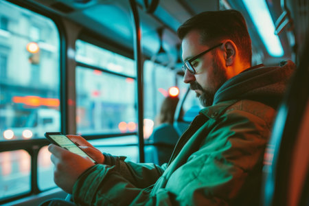 Man, smartphone or evening bus ride from the office for public transport, wifi connection and typingの素材