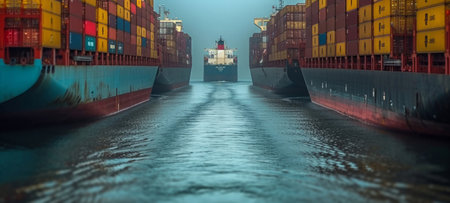 Cargo ship, Ocean and container for trade, transport, and economics. Freight, long journey andの素材