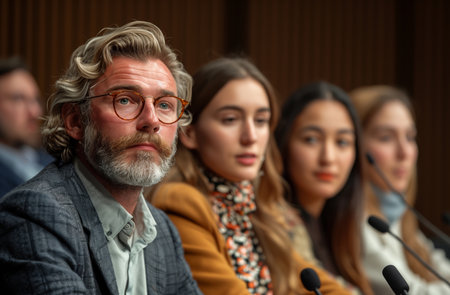 Businessman, conference or panel speaker with a microphone at a business seminar for knowledgeの素材