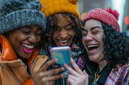 Smartphone, group and friends looking at a funny social media post, video call or internet clipsの素材