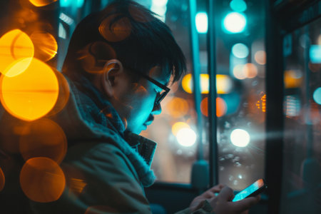Man, smartphone or evening bus ride from the office for public transport, wifi connection and typingの素材
