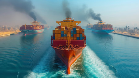 Cargo ship, Ocean and container for trade, transport, and economics. Freight, long journey andの素材