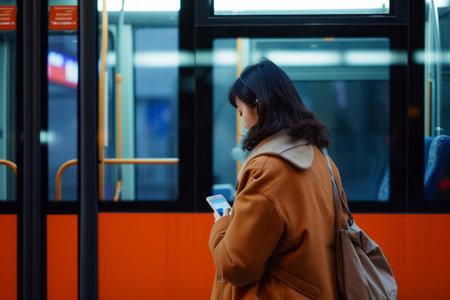 Smartphone, bus stop and woman waiting for shuttle for public transport, wifi connection and typingの素材
