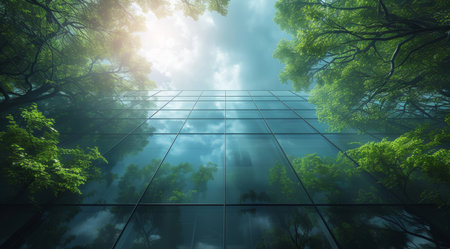 Architecture, sustainability and environment with buildings in city for carbon footprint, ecoの素材