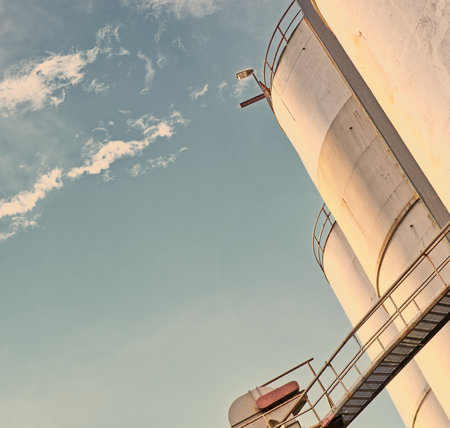 Closeup, silo and tank at plant for agriculture, bulk storage and product safety with sky, clouds and outdoor. Container, agricultural structure and oil refinery tower with low angle for distilleryの写真素材