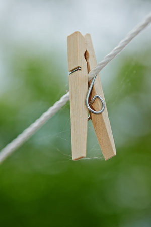 Peg, rope and outdoor for clothes from laundry, clean and dry in nature with plastic clip of...