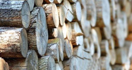 Lumber, wood and stack of with oak, forest and tree plant with deforestation and timber for firewood supply. Log, nature and woods for construction material and trunk resource of bark for loggingの写真素材
