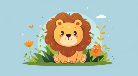 Lion, illustration and digital art of an animal isolated on a background for poster, post card orの素材