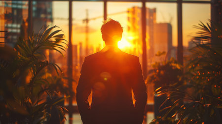 Office, silhouette and business person of people working in cafeteria, boardroom with large windowsの素材
