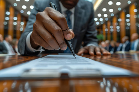 African businessman, signing and contract or anonymous person sitting in office, boardroom or deskの素材