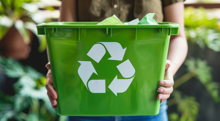Hand, recycle and volunteer holding a dustbin for environmental, awareness and sustainabilityの素材