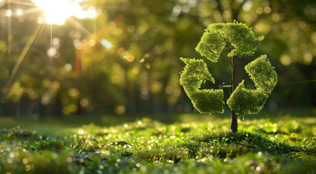 Recycle, sign and tree in a park on nature background for environmental, awareness andの素材