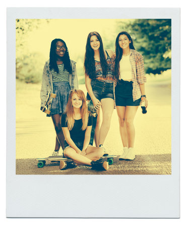 Women, friends and group portrait in nature as picture for bonding connection, sisterhood or together. Female people, face and diversity in environment for relaxing joy, reunion or weekendの写真素材