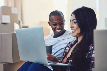 New house, box, or couple on laptop for home loan, ecommerce or online shopping. Love, mortgage or...