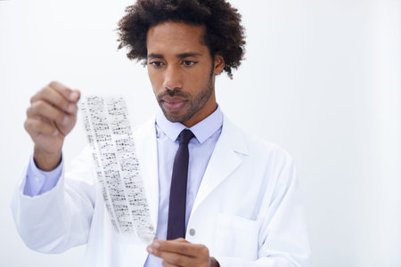 Research, genetic mapping and man scientist with dna, print or genome pattern for forensic, results...