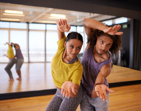 People, ballet and dance practice in studio, performance and training together for rehearsal....