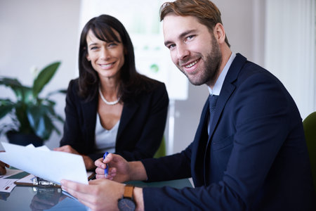 Business meeting, contract and smile of HR with employee, professional and office of corporate...