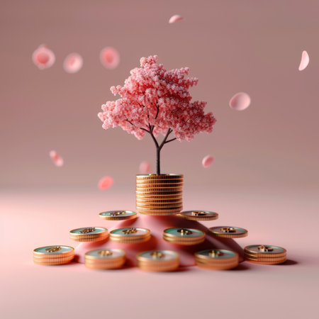 3d tree, coins and growth strategy or corporate, accounting and concept for company increase, salesの素材