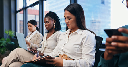 Notebook, thinking and business woman in seminar and ideas for planning or development. Writing,...