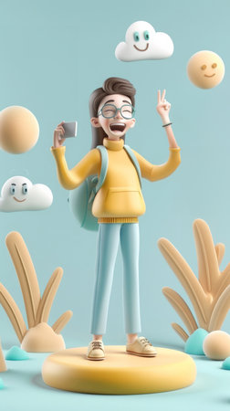 3d, cartoon and influencer for social media on virtual backdrop. Character or studio concept forの素材