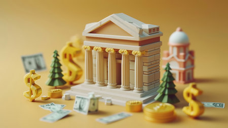 3d bank building, coins and money illustration or representation. Financial data, business andの素材