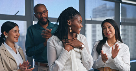 Business people, team and applause for success on partnership, onboarding and promotion with support. Celebration, employees and clapping hands for welcome, thank you and agreement on contract dealの写真素材