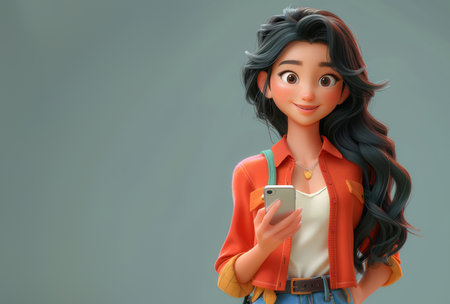 Cartoon girl, 3D and illustration for animation on backdrop. Character or studio concept for mock upの素材