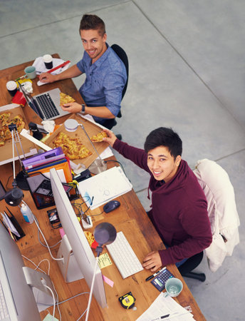 Business people, men and portrait while eating with top view for deadline, pizza and coworking...