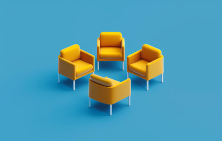Chair, decor and furniture against a blue background for employment vacancy, hiring concept orの素材