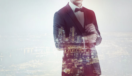 Business, body and suit with double exposure in city at night for career, job or corporate salesman...