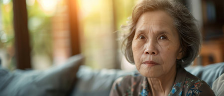 Portrait thinking and senior Asian woman in retirement home, reflection and remembering past lifeの素材