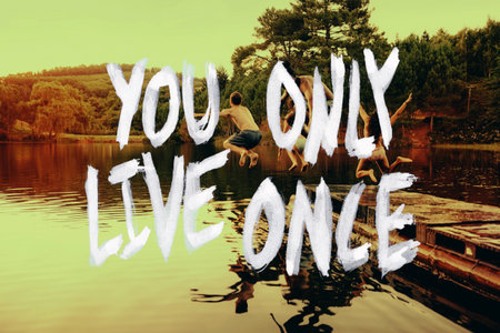 Friends, lake and jumping with summer holiday on vacation with text overlay, swimming or weekend. People, group and carefree outdoor in Australia together or teenage travel adventure, nature or riverの写真素材