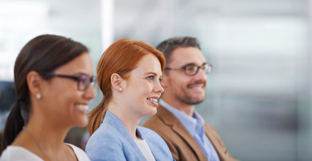 Business, woman and audience in meeting with listening to presentation for company development and...