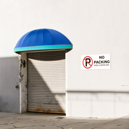 Outside, building and sign with parking information, notification and message on private property. Signage, symbol and mistake on poster, board or attention for transport, vehicle and advertisingの写真素材