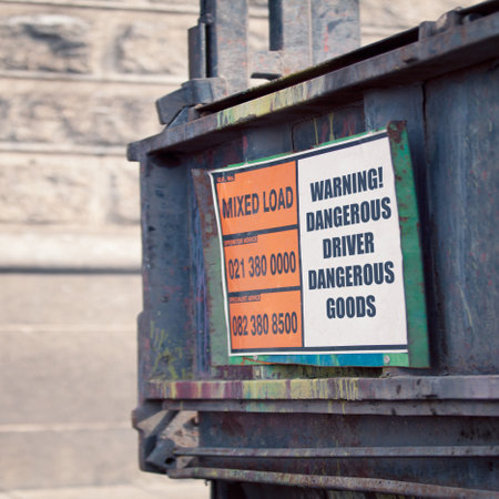 Truck, warning and sign on vehicle in city for caution, notification and information. Public signage, symbol and humor or mistake on board, poster and message for attention, transport and safetyの写真素材