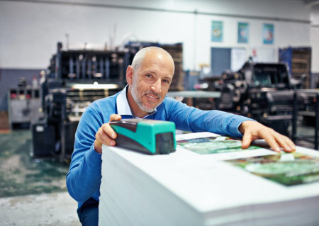 Printing, factory and portrait of man with paper for quality control, design or product inspection....