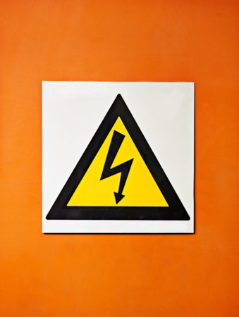 Warning, sign and voltage with triangle or symbol for alert, precaution or safety at warehouse or...