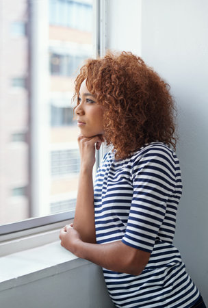 African woman, thinking and window for ideas, business and startup with vision, planning and goals....