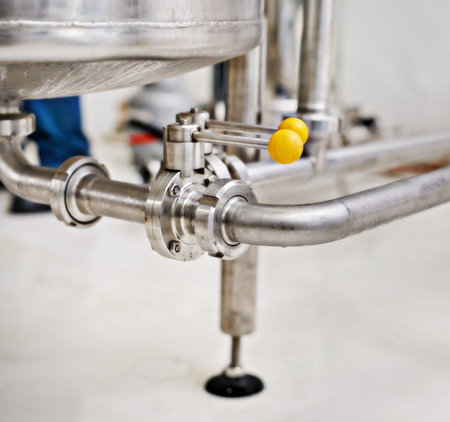 Factory, craft beer and tube for production, manufacturing and metal pipes in industrial workshop....