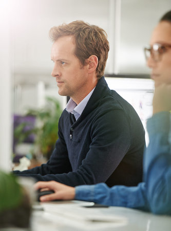 Man, coworking and office with computer for project in startup business, company and growth as web...
