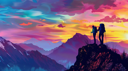 Outdoor hiking, mountain and scenic views with backpacks. Exploring nature, enjoying landscapes andの素材