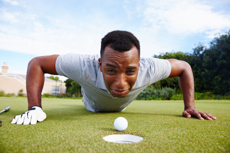 Man, disappointed and miss hole in golf, sad for fail or loss with expression on face and sport...