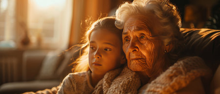 Girl, grandma and sofa for love in bonding time together in home in school holiday. Grandmother, kidの素材