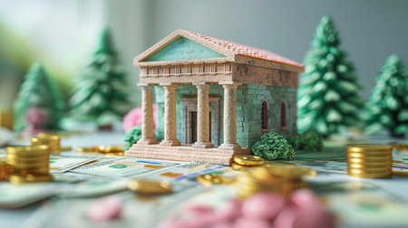 3d bank building, coins and money illustration or representation. Financial data, business andの素材