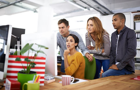 Collaboration, computer and report in design company for creative project, planning or idea in...