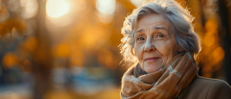 Thoughtful, elderly woman and portrait. Senior, female and pensioner concept in the garden or parkの素材