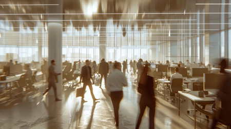 Abstract, call centre and background with silhouette effect of workers walking, trading or businessの素材