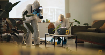 Crime scene, photography and people in house for evidence, investigation and inspection. Law enforcement, forensic analysis and police team take pictures in apartment of victim, murder and searchの写真素材