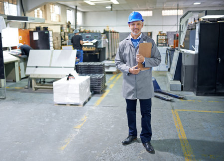 Portrait, man or clipboard in packaging, safety or helmet as product, logistics or industry by...