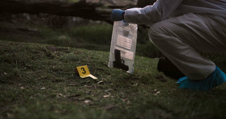 Crime scene, gun and investigator with evidence outdoor for forensics, analysis and investigation in forest or nature. Person hands with weapon, ppe and inspection or police search for clues in woodsの写真素材